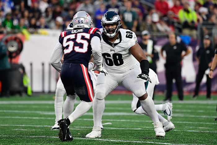 Sep 10, 2023; Foxborough, Massachusetts, USA; Philadelphia Eagles offensive tackle Jordan Mailata (68) blocks New England Patriots linebacker Josh Uche (55) during the second half at Gillette Stadium.